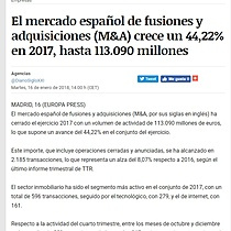 El mercado espaol de fusiones y adquisiciones (M&A) crece un 44,22% en 2017, hasta 113.090 millones